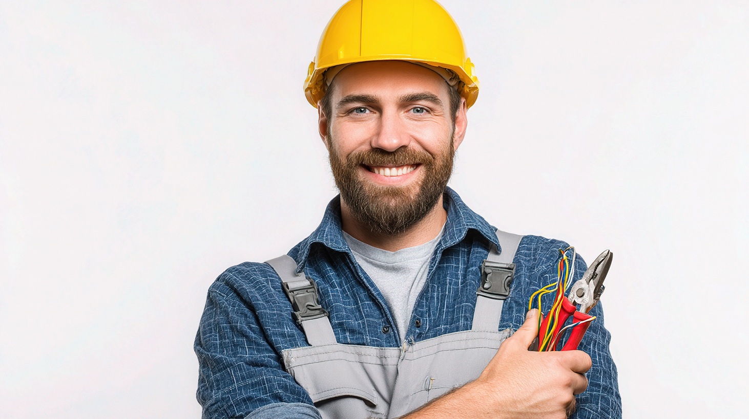 smiling male electrician holding pliers against white background
